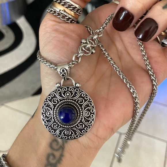 925 sterling silver overlay blue lapis round charm gemstone boho Celtic necklace - Picture 10 of 11